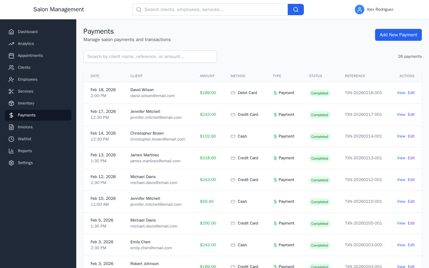 Payments list page showing existing payments with action links