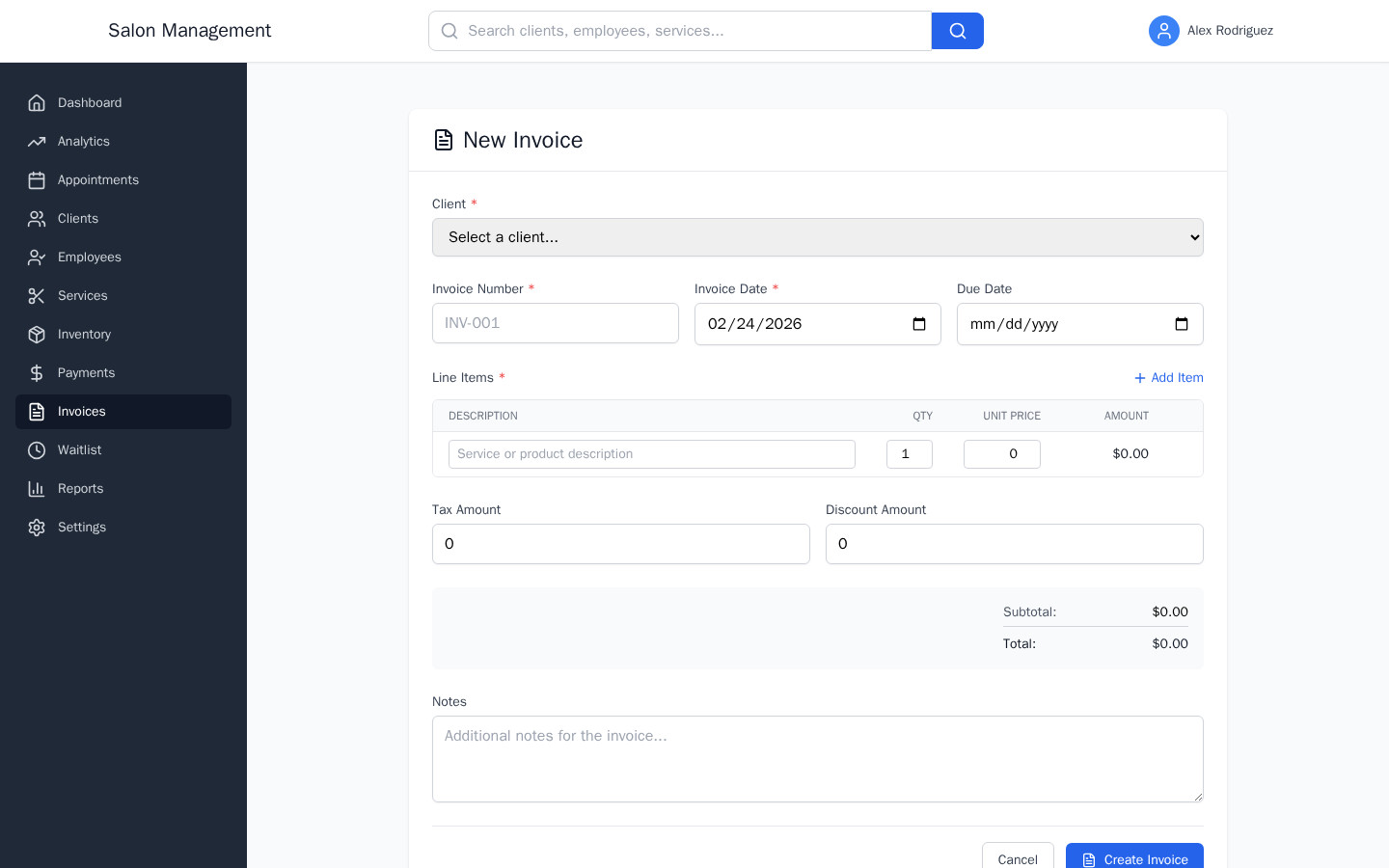 New invoice form with client selector, header fields, and line items section
