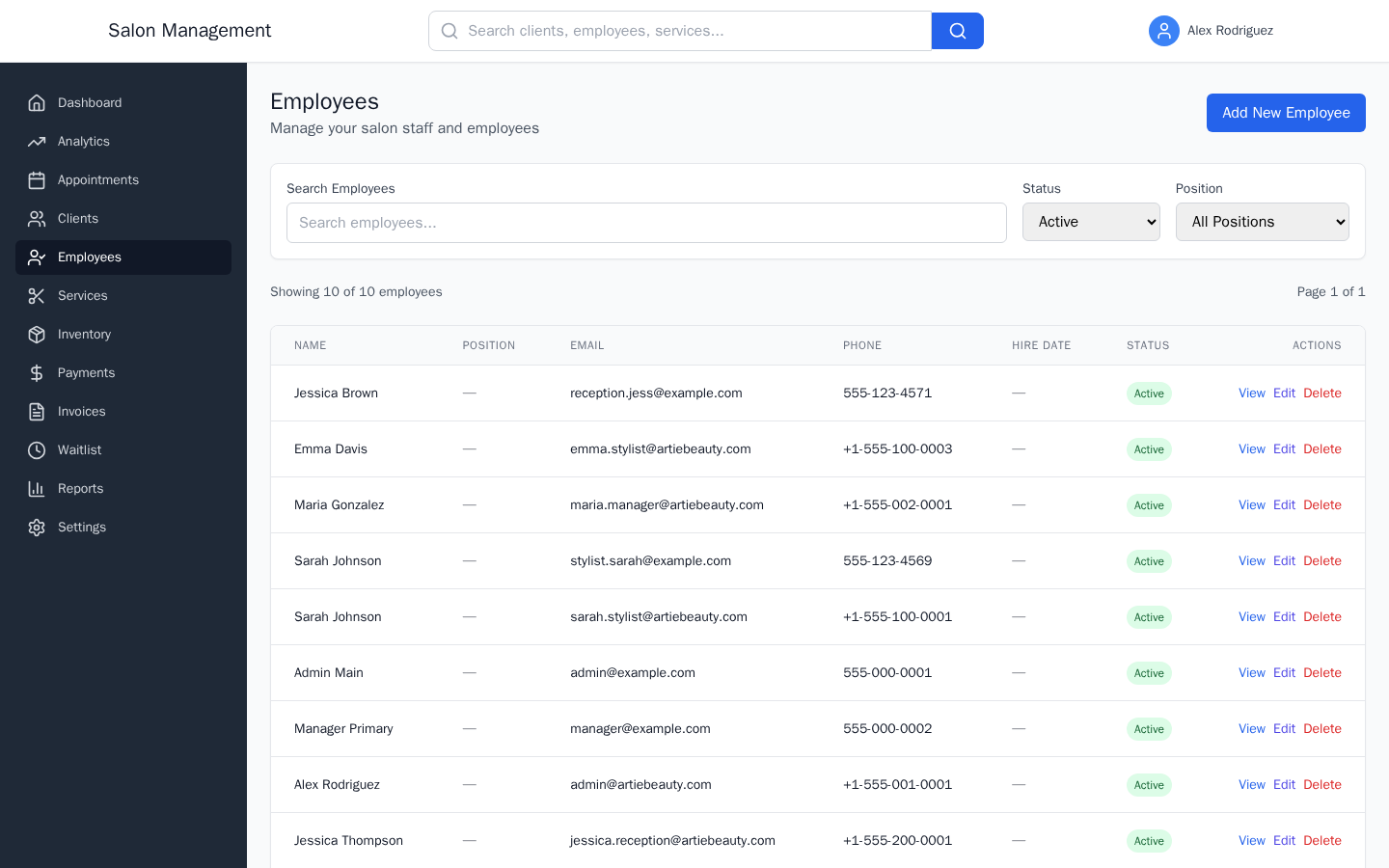 Employees list page showing the staff table with columns for Name, Position, Email, Phone, Hire Date, and Status