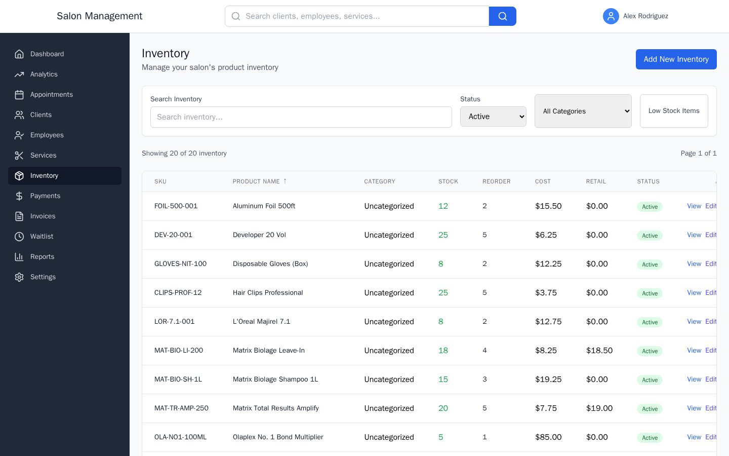 Inventory list page showing products with color-coded stock levels, SKUs, categories, and pricing