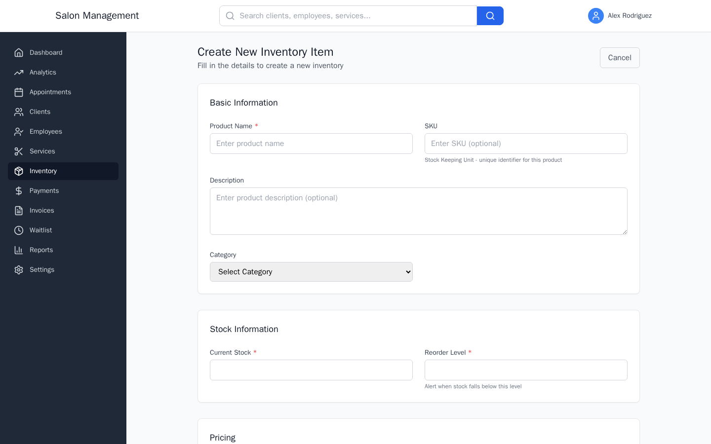 New inventory item form with Basic Information, Stock Information, Pricing, and Status sections