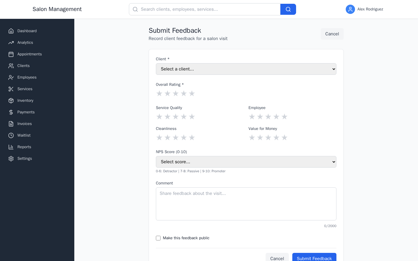 New feedback form showing client dropdown, star rating selector, sub-ratings, NPS score, comment area, and public checkbox