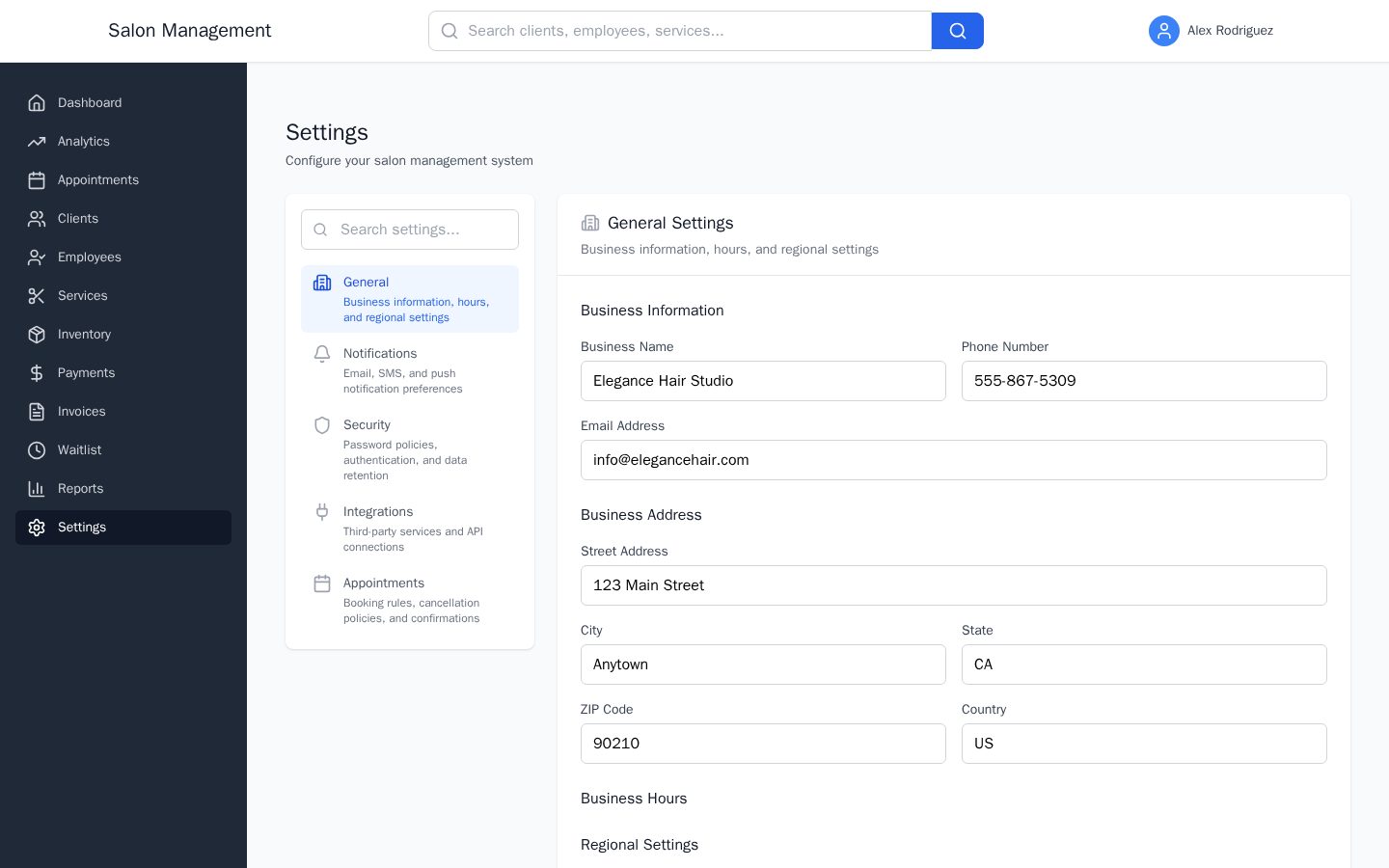 Settings page