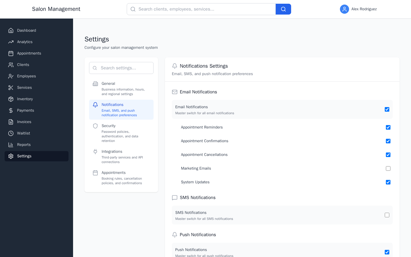 Notifications settings tab showing email, SMS, and push notification toggle controls