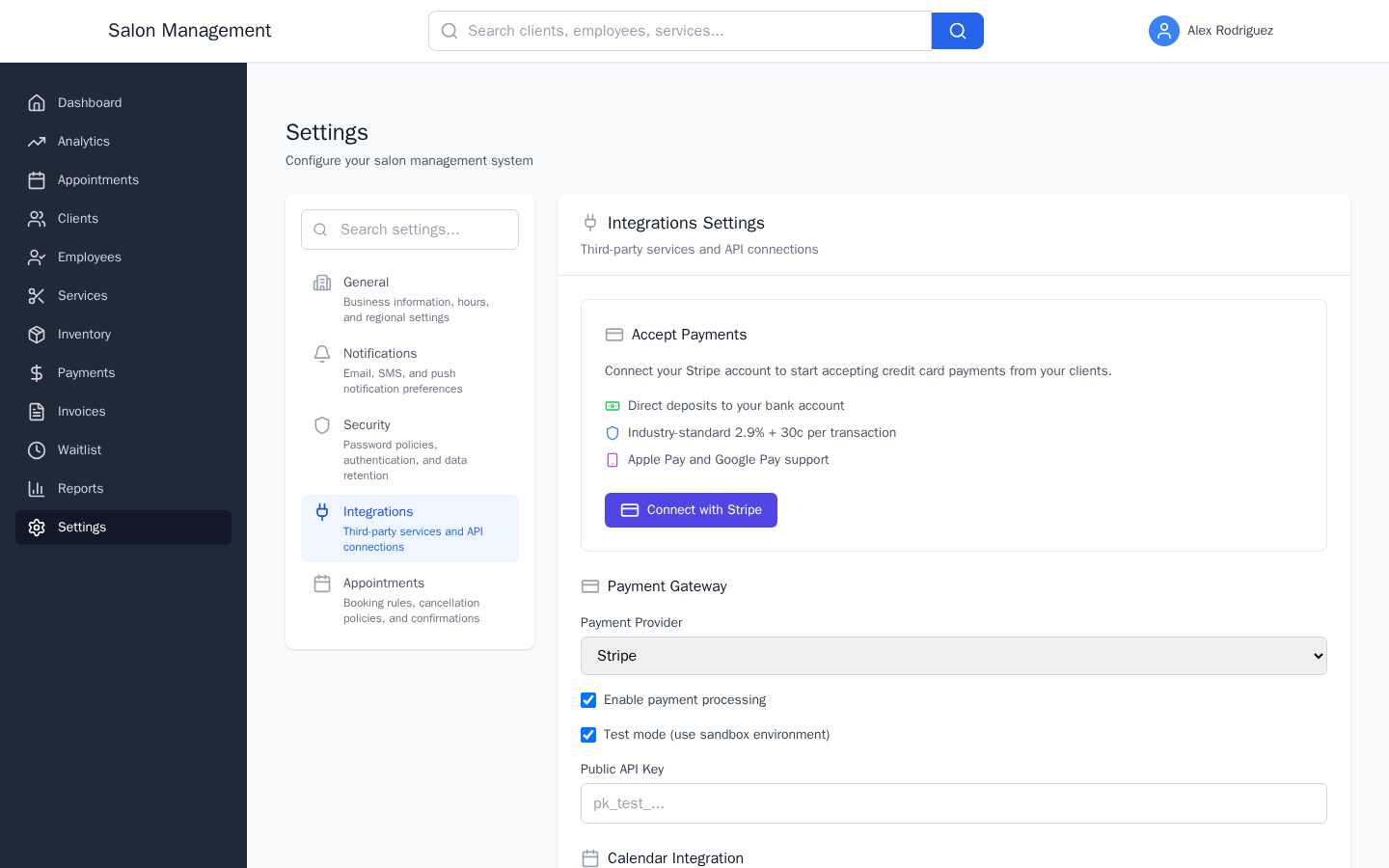 Integrations settings tab showing cards for Stripe, Email, SMS, Calendar, CRM, and Accounting with connection status indicators
