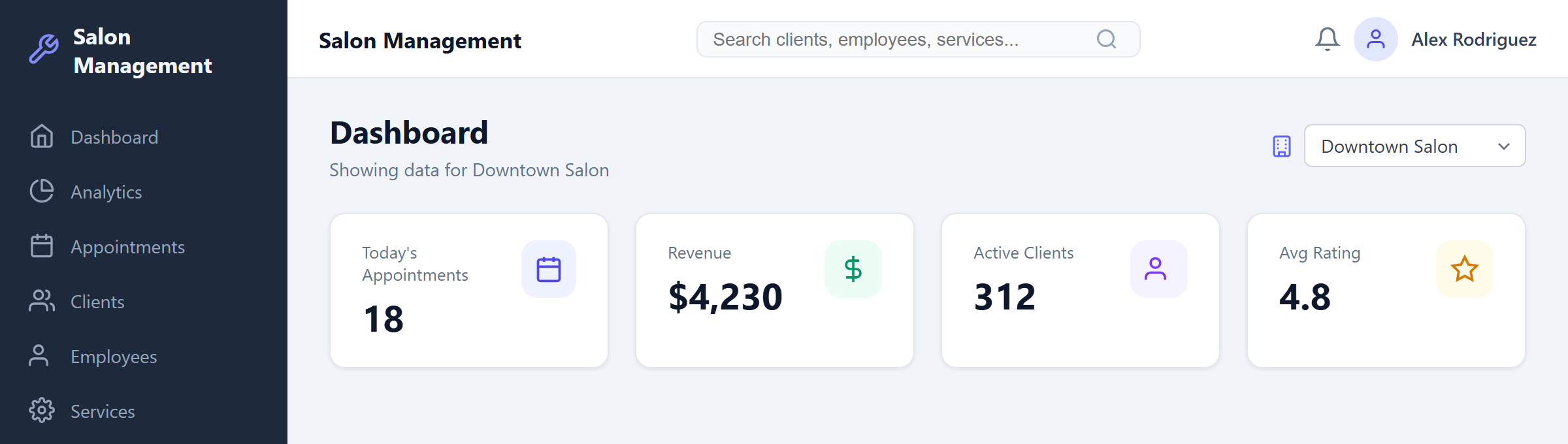 Dropdown expanded showing salon options