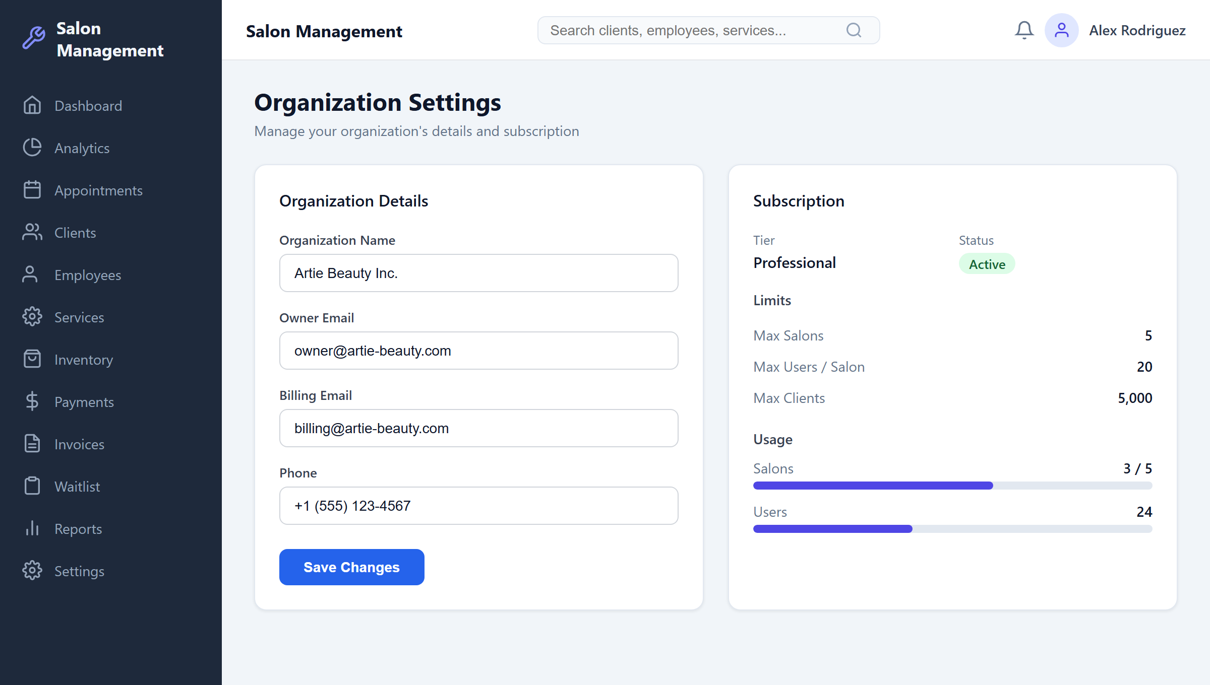 Organization Settings page with details form and subscription card