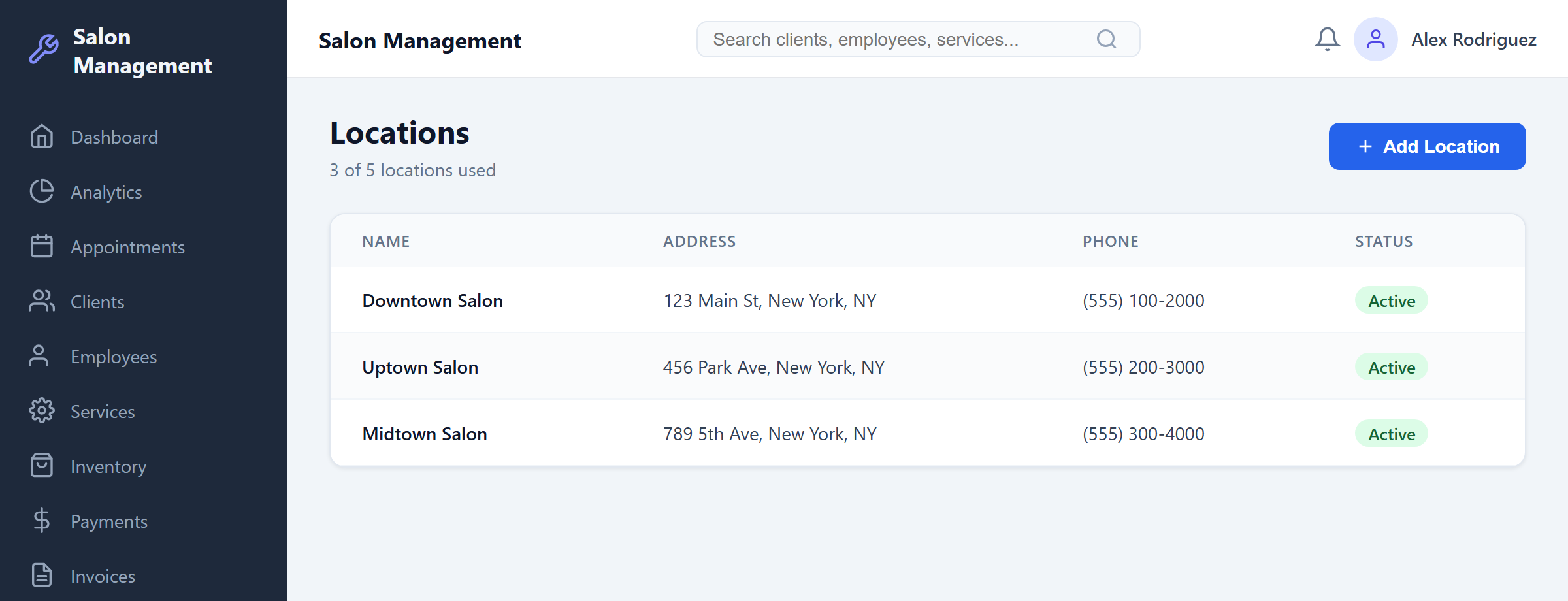 Locations page showing salon table with statuses