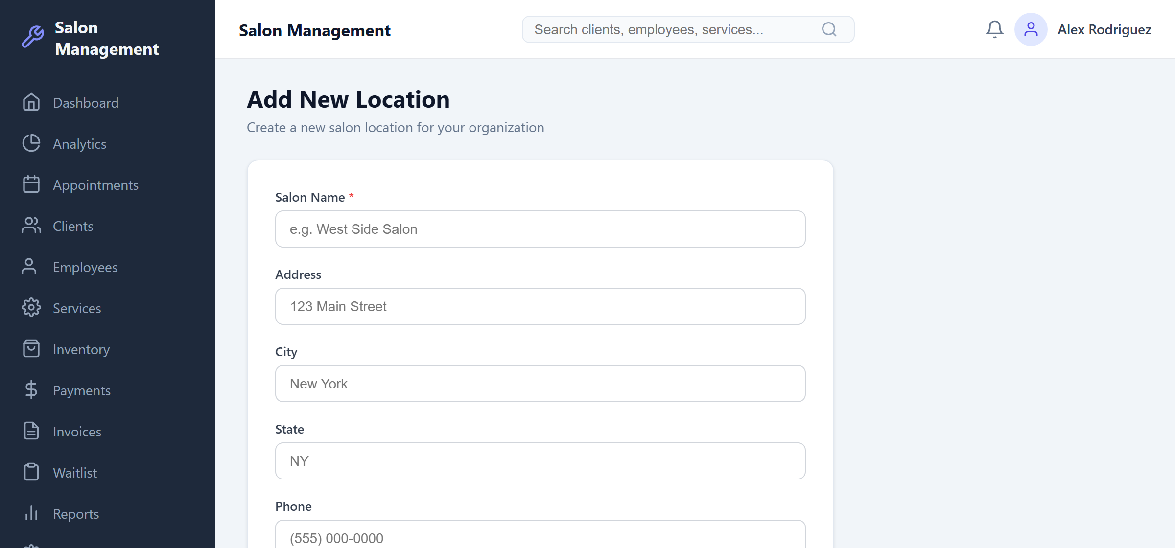 The Add New Location creation form